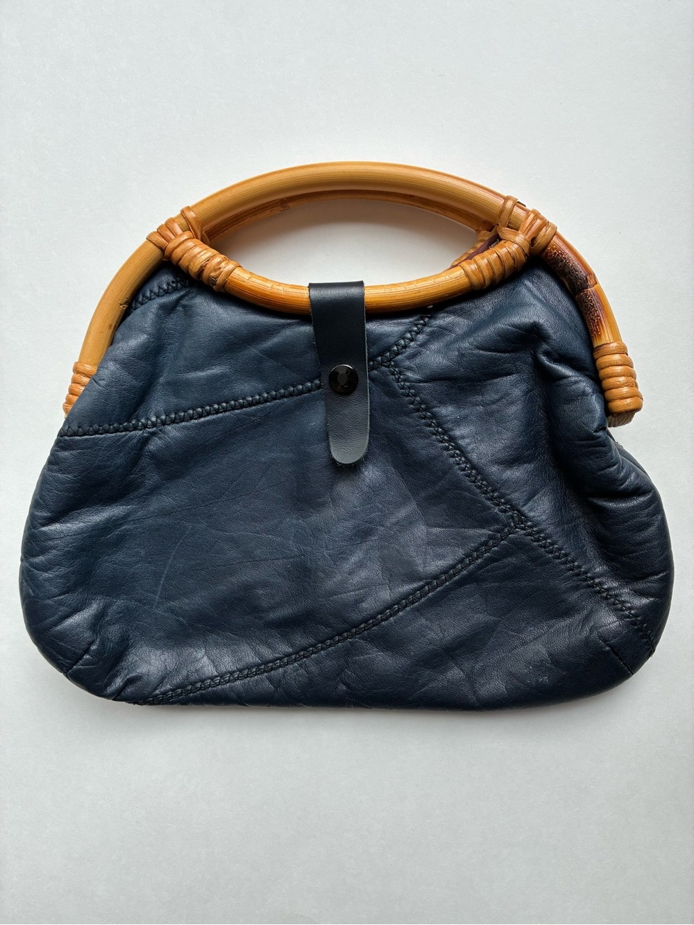 Vintage Buttery Soft Navy Leather Clutch With Bamboo Handles